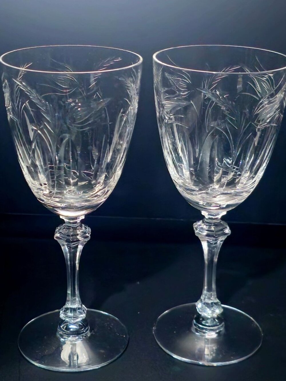 2 Tiffin Franciscan Moss Ross Water Goblets Etched Crystal Wine Glasses rare 60s - Picture 6 of 7